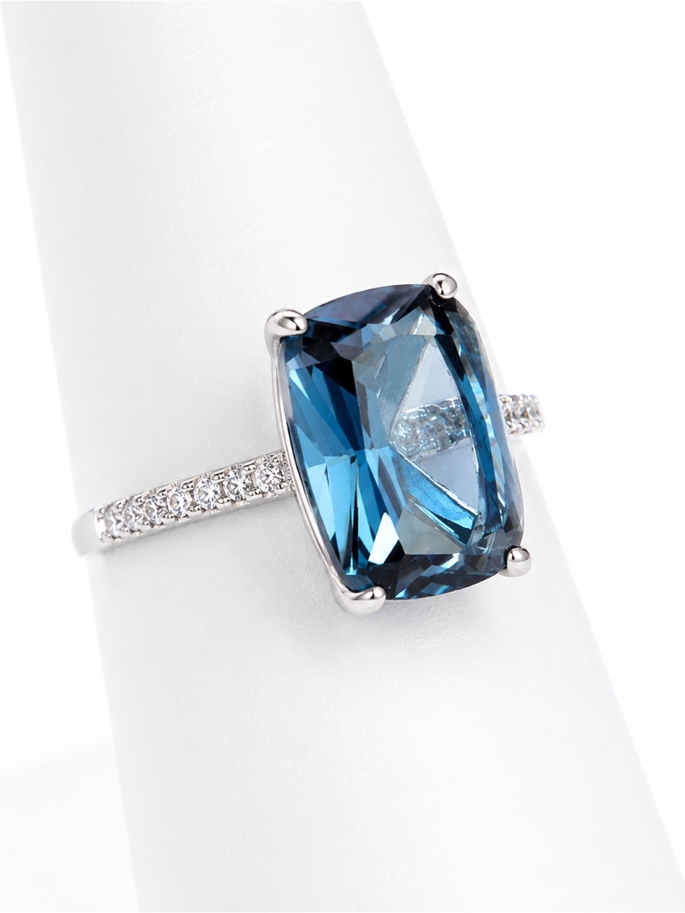 Blue CZ Cushion-Cut Solitaire Ring with Pavé Band size 9